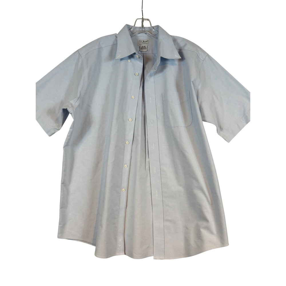 LL Bean Mens 16.5 Short Sleeve Oxford Shirt Light Blue Wrinkle Resistant Preppy